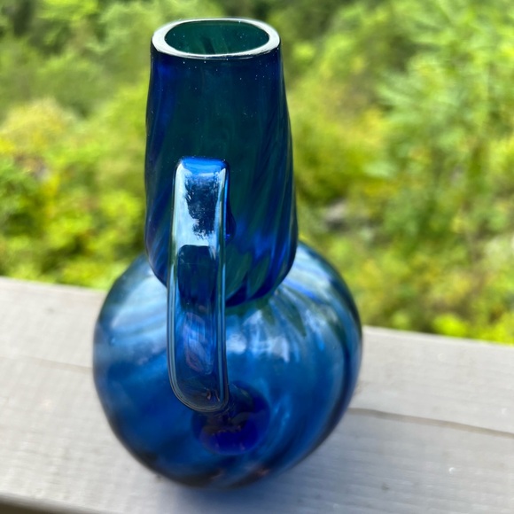 set of 2 vintage blue vases, blown glass swirl and stoneware - Picture 10 of 15